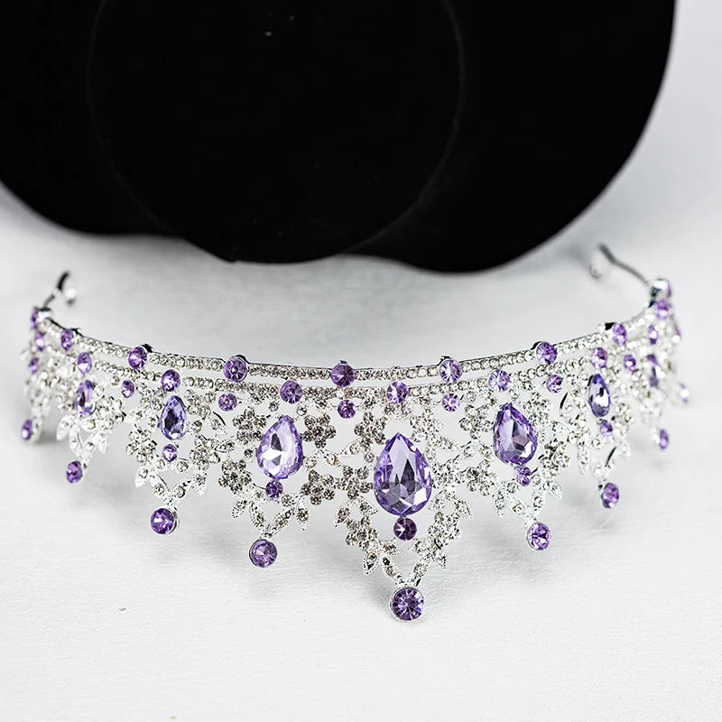Luxury Silver Crown Necklace and Earring Set for Women, Purple Teardrop Tiara with Leaf Choker and Dangle Earrings, Wedding Prom