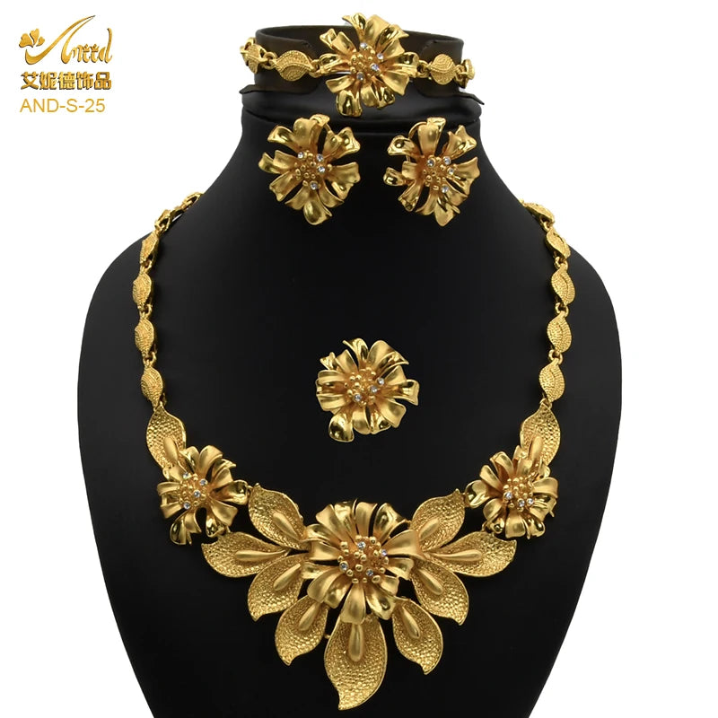 ANIID African Jewelery Sets Flower Earrings Choker Necklace Bracelet Hawaiian Indian Dubai Golden Jewelry For Women Accessories