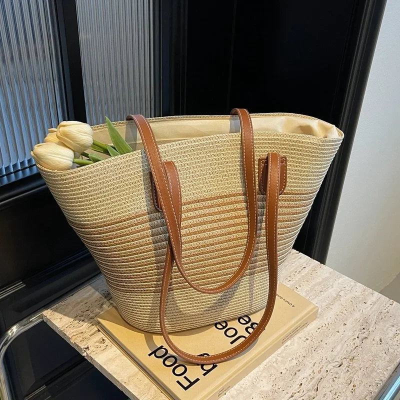 2025 New Beach Seaside Handbag Women's Summer Straw Bag Inswind Outdoor Travel Vacation Beach Bag Large Capacity Shoulder Bag