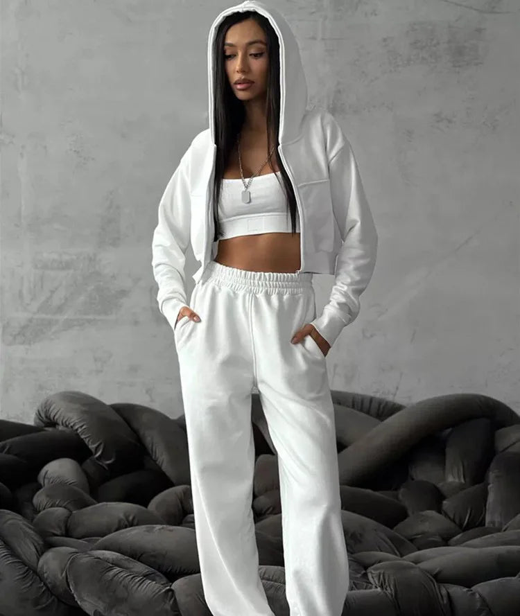 2025 New Women's Casual Long Sleeve Hooded Cropped Zip-Up Cardigan & Drawstring Sweatpants Two-Piece Active Lounge Set