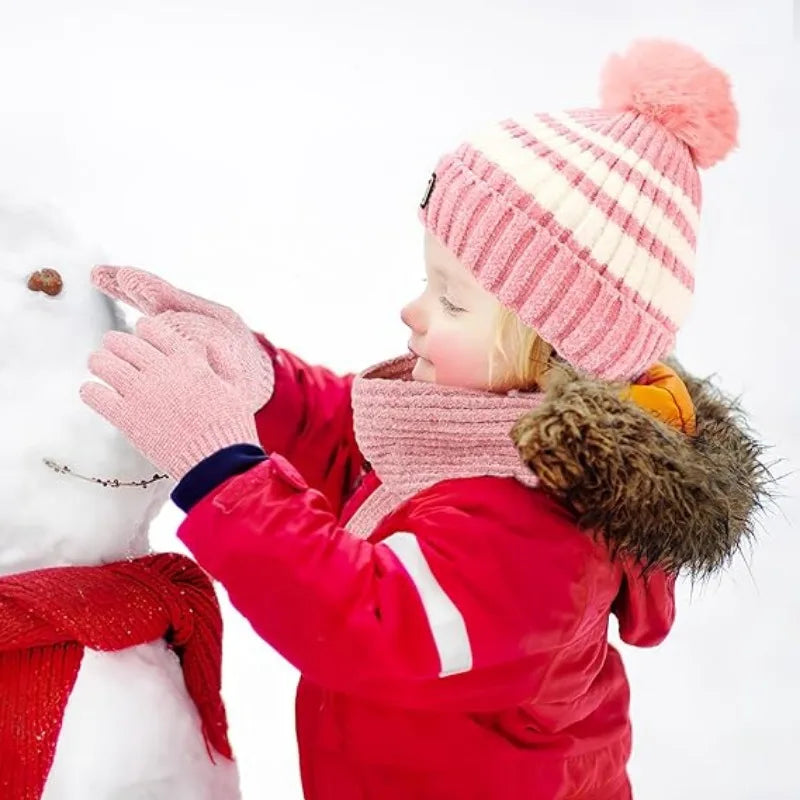 Children's winter hat scarf glove set, warm hat with neck warm gloves hat scarf suitable for girls and boys 6-14 years old.