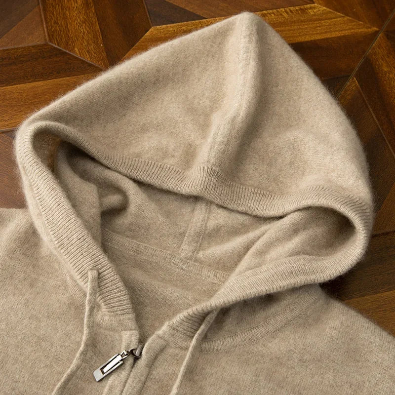 24 men's autumn and winter 100% pure wool cardigan hooded with pocket solid color thick sweater casual cashmere knitted jacket