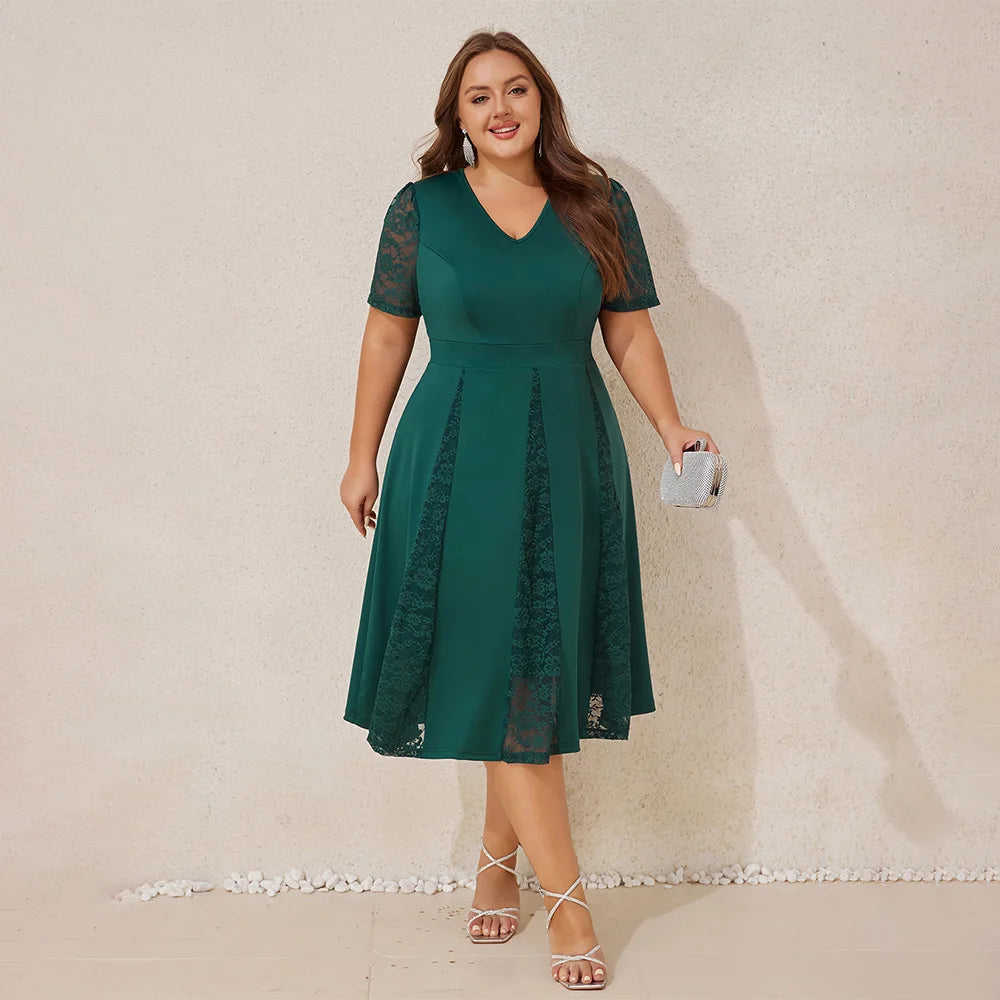 Plus Sizes Women's Elegant Solid Lace V-Neck Puff Sleeve A-Line Midi Dress Ladies Party Cocktail Evening Ball Gown Size 0XL-5XL