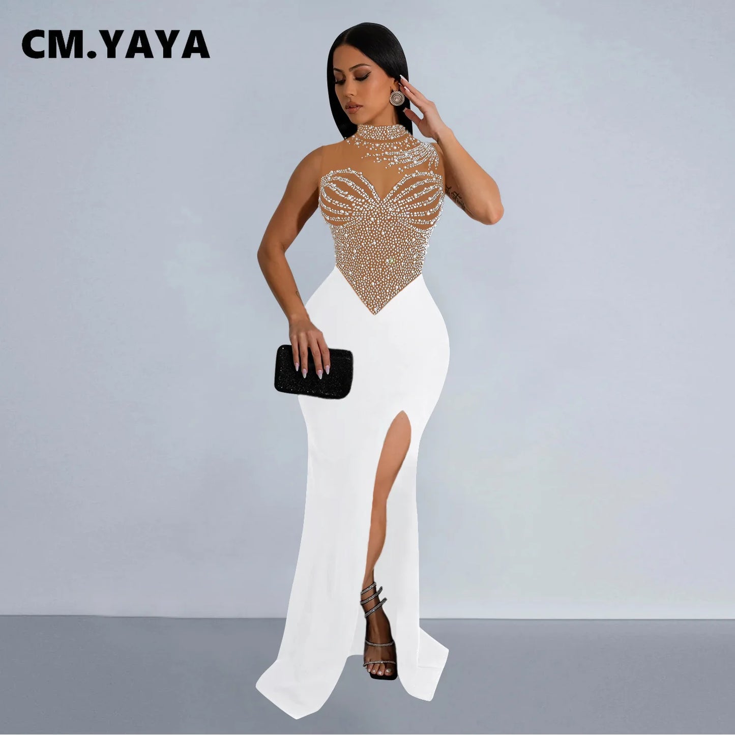 CM.YAYA Women Sleeveless Diamonds Hot Rhinestones High Side Split Mermaid Maxi Long Dress 2024 Even Sexy Party Dresses Vestidos