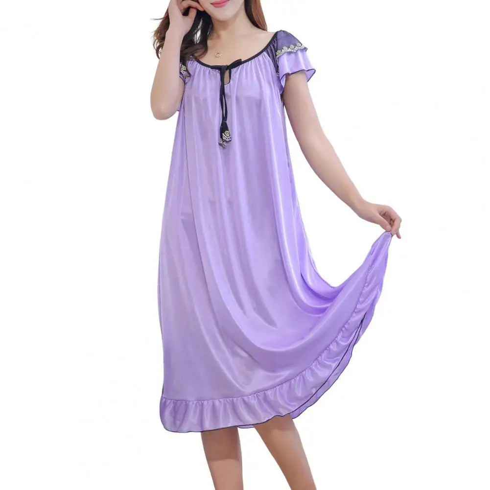 Sleeping Dress for Women Night Gowns Sleepwear Lace Long Sleeping Dress Casual Satin Ruffle Hem Summer Nightdress Pajama Dress