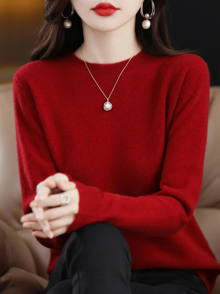 Autumn Winter Women Clothing Pullover New Fashion 100% Merino Wool Sweater Cashmere Tops Basic O-Neck Long Sleeve Knitwear