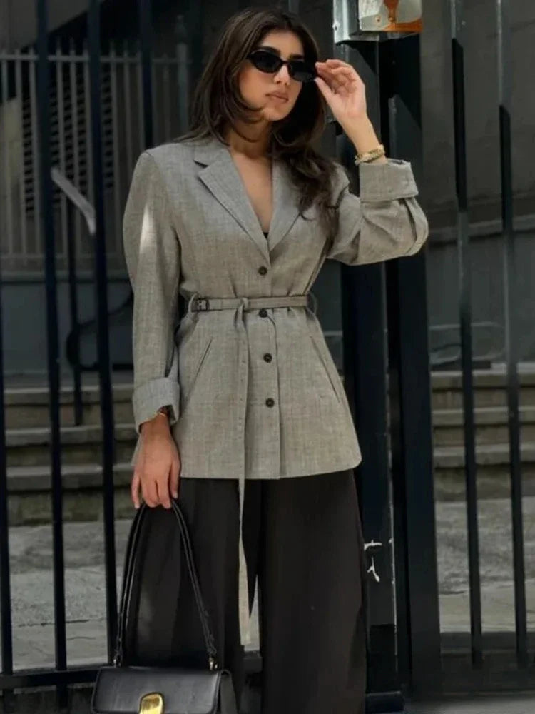 ZBZA Women Loose Blazer with Belt Lapel Long Sleeve Single Breasted Solid Sleeve Button Casual Commuter Jacket Fall Winter Coat