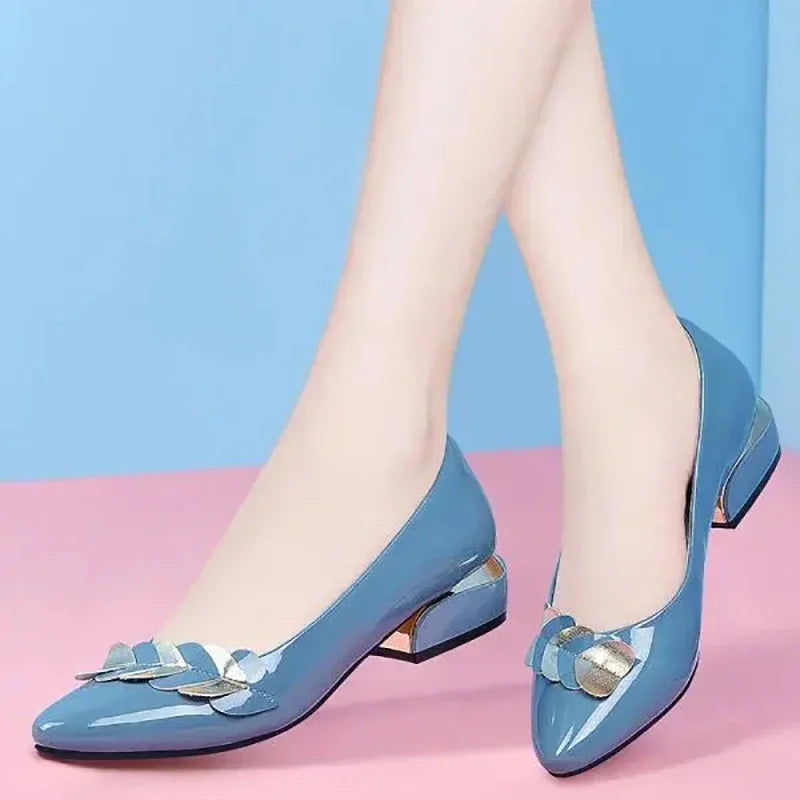 2024 Women Dress Shoes Patent Leather Mid Heel Pumps Fashion Shoes Pointed Toe Slip on Office Ladies Zapatos Black Women Shoes