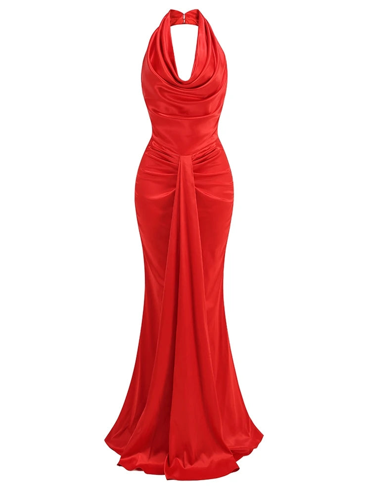 Sexy Swinging Collar Backless Pleated Long Dress Women Red Stain Sleeveless Draped Design Maxi Dress Celebrity Party Club Runway