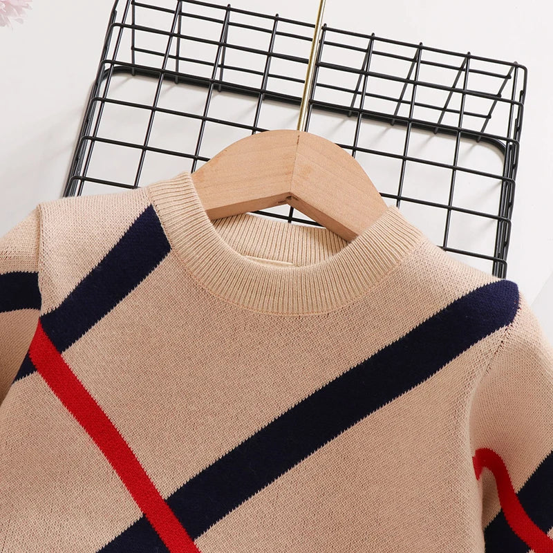 New Autumn Winter Children's Sweater Underlay T-Shirt Round Neck Double Layer Cotton Stripe Small and Medium Sweater