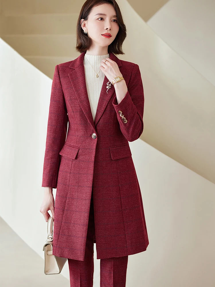 Women Work Business Wear Pant Suit Red Blue Black Coffee Plaid Long Blazer 2 Pieces Set Female Office Ladies Jacket and Trouser