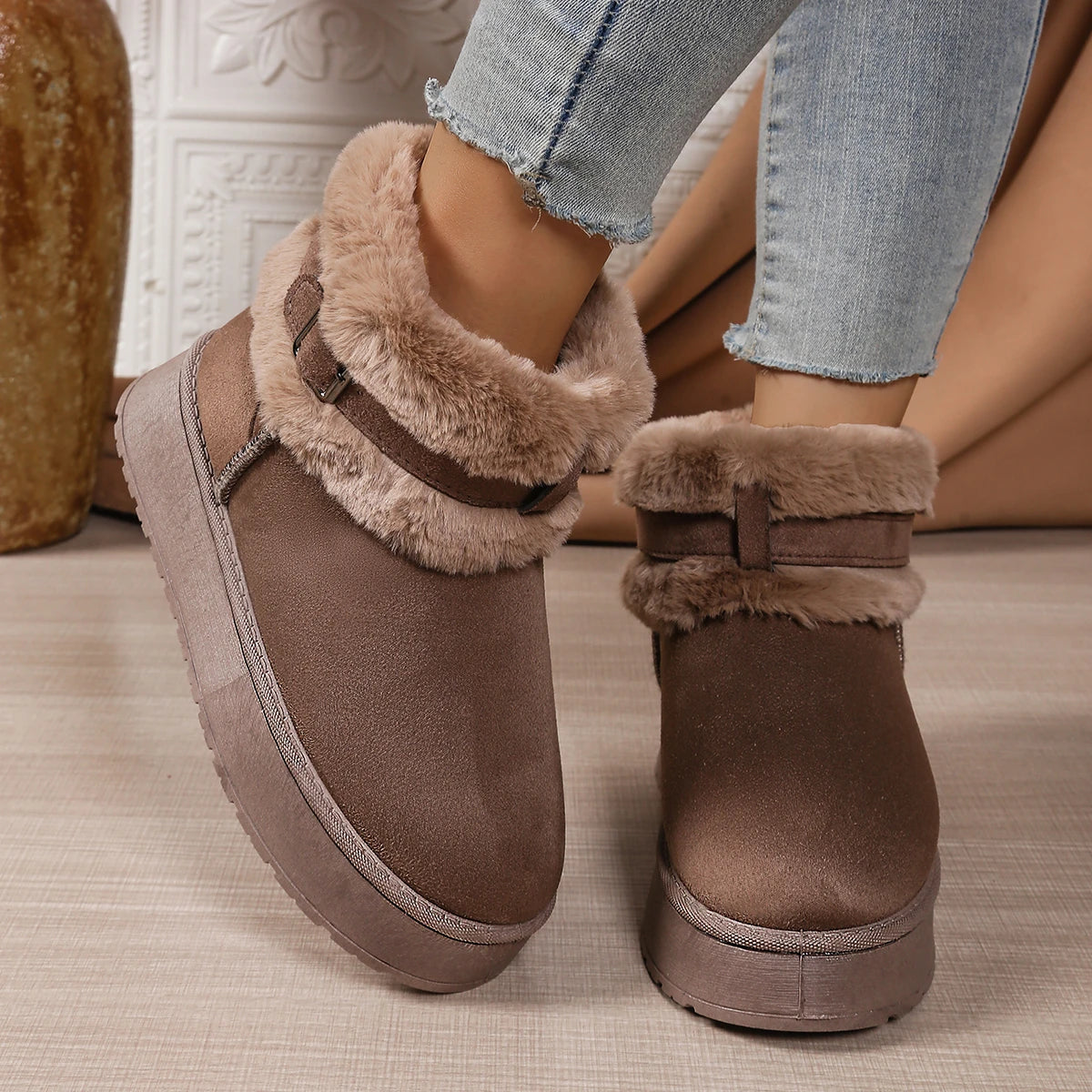 Women's Single Boots Winter New Thick Soled Frosted Plush Zipper Mid-calf Boots Casual Comfort Warm Non-slip Snow Boots
