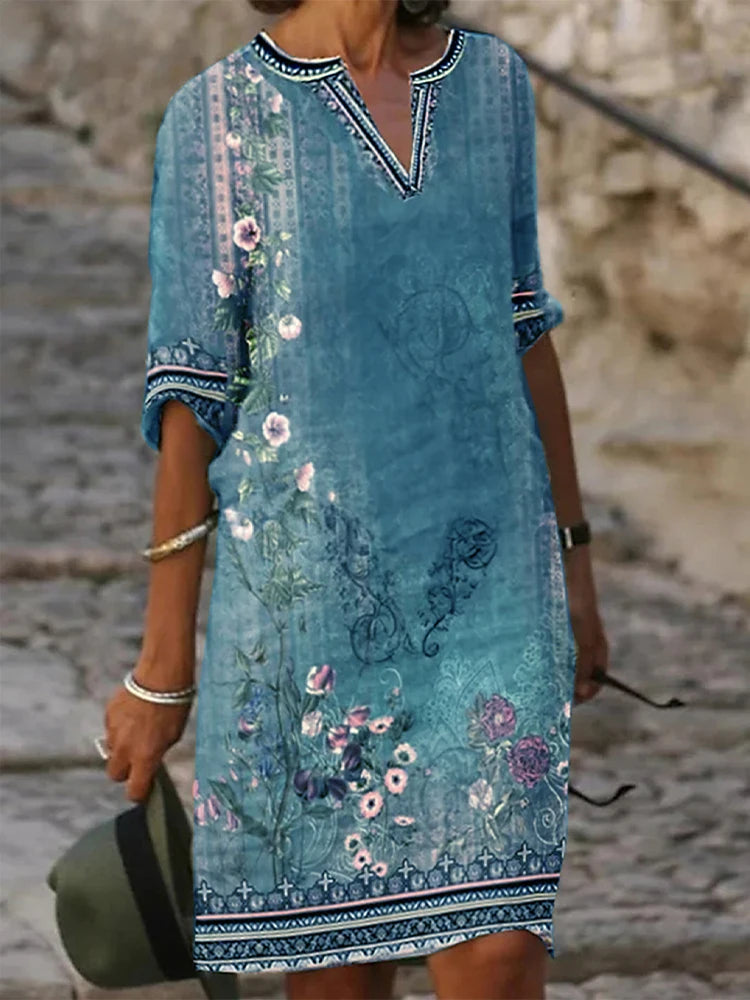 Summer plus Size V-Neck Short Sleeve Dress Women's Printed Patterns Optimal 2025 New Arrival Fashionable plus Size Casual Dress