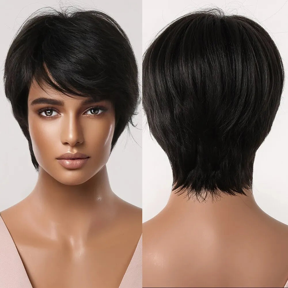 Short Pixie Cut Synthetic Wigs For Women Brown Mixed Blonde Wigs With Bangs Natural Looking Daily Use Hair Heat Resistant Fiber