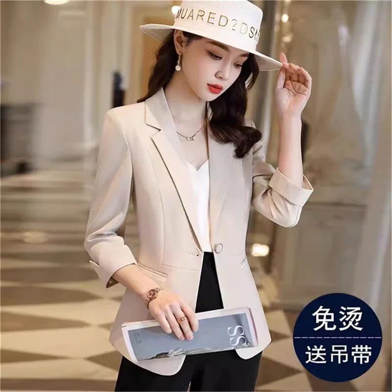 S-4XL Apricot Suit Jacket For Women's Summer Trench Coat Green 2024 New Short Cut Slim Fit Temperament Women's Thin Blazer Lady