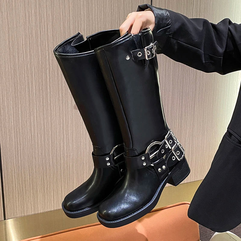 Winter Women Knee High Boots Fashion Belt buckle Long Boots Female Elegant Thick Heel Women's Knight Botties