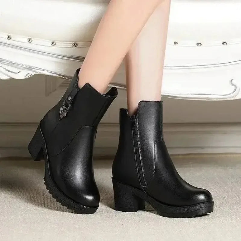 2025New Winter Women's Boots Luxury Casual Leather Boot Fashion High Heel Ankle Boots for Women Plush Warm Snow Boot Botas Mujer