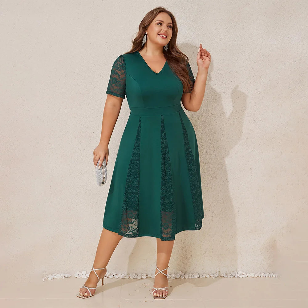 Plus Sizes Women's Elegant Solid Lace V-Neck Puff Sleeve A-Line Midi Dress Ladies Party Cocktail Evening Ball Gown Size 0XL-5XL