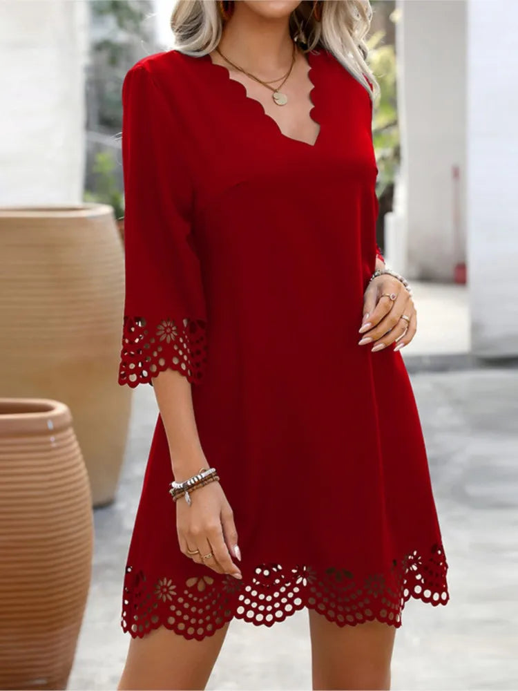 Fashion Elegant Women Dresses V-Neck Three Quarter Sleeve Hollow Out Hem A-Line Dress Female Casual Holiday Ladies Dresses 2025