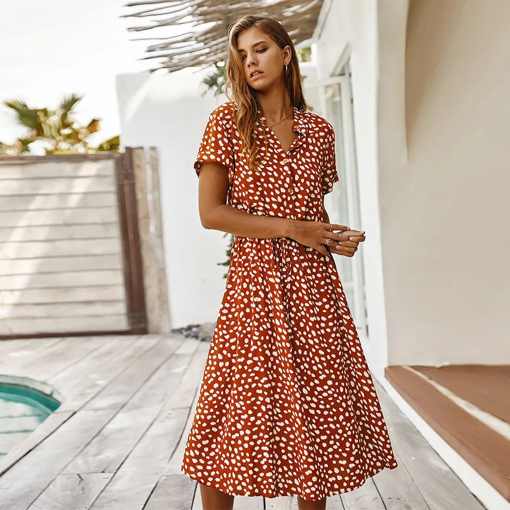 Vintage Floral Print Dress Women Boho Short Sleeve Long Dress Turn Down Collar Casual Waistband Shirt Dresses Robe 2021 Summer