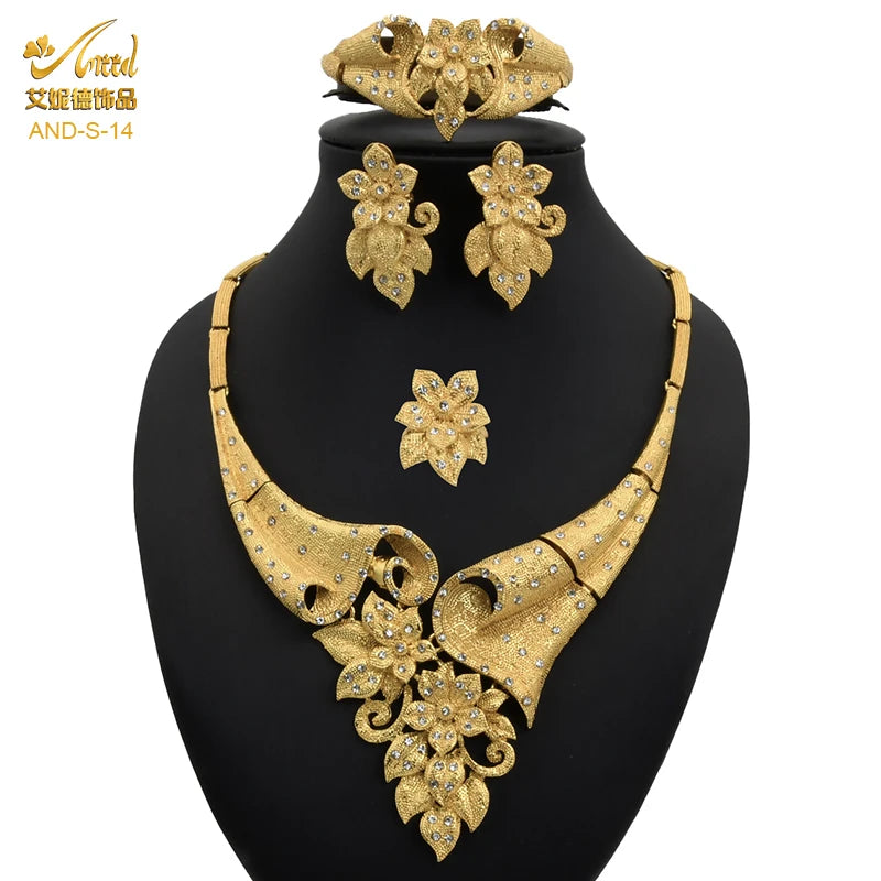 ANIID African Jewelery Sets Flower Earrings Choker Necklace Bracelet Hawaiian Indian Dubai Golden Jewelry For Women Accessories