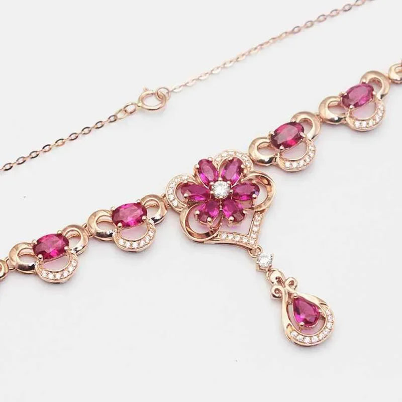Luxury Rose Golden Elegant Flower Ruby Necklace for Women Romantic Luxury Crystal Pendant Dinner wedding Jewelry