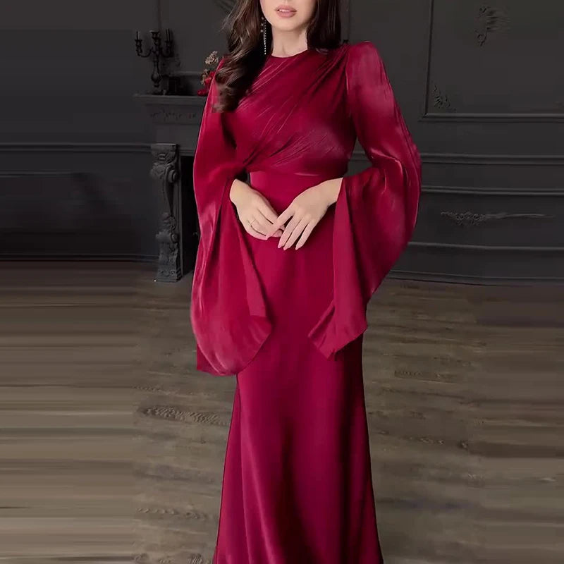 Women Fashion O-neck Hight Waist Long Dress Sexy Split Long Sleeve Solid Party Dress Elegant Mesh Patchwork Satin Evening Dress