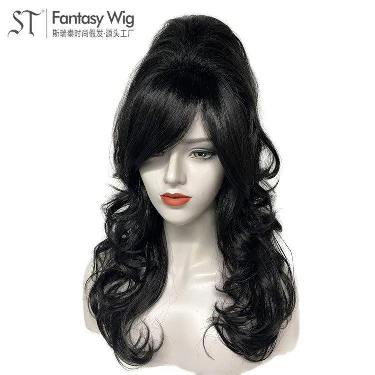 Vintage Wig Long Wavy Black Wig Big Bouffant Beehive Wigs for Women for 50s 80s Costume