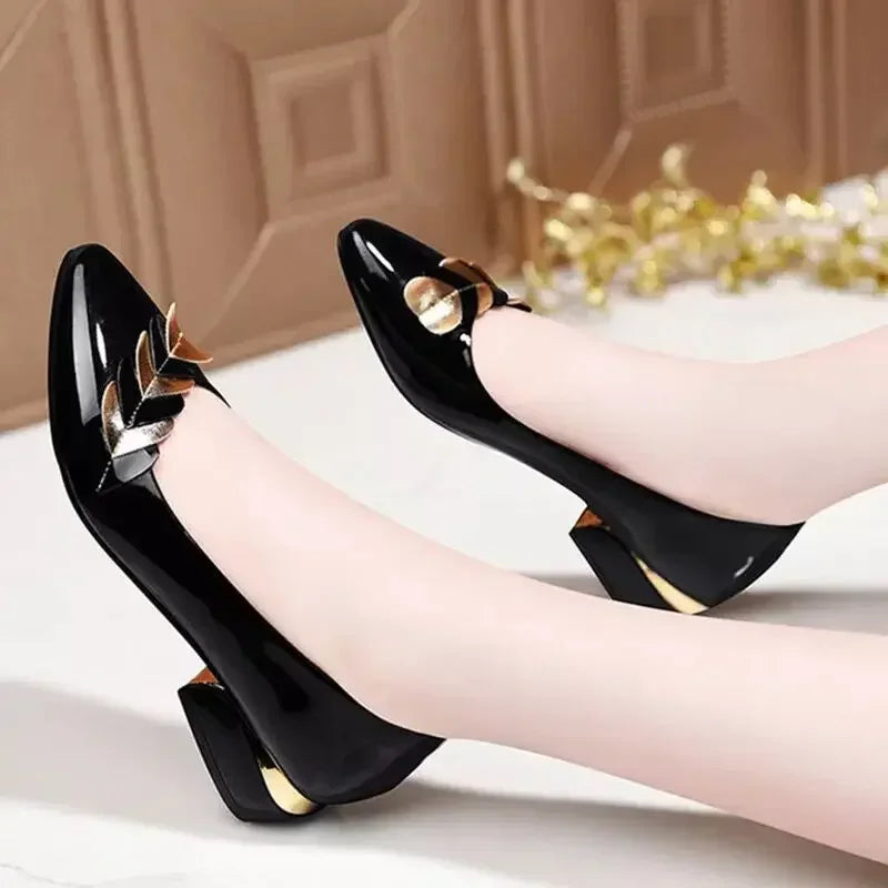 2024 Women Dress Shoes Patent Leather Mid Heel Pumps Fashion Shoes Pointed Toe Slip on Office Ladies Zapatos Black Women Shoes