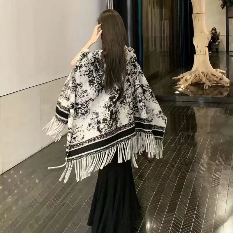 2024 Winter Women Faux Woolen Loose Tassel Shawl Capes Cashmere Wear Warm Thick Poncho Cardigan Lady Printed Plaid Blanket