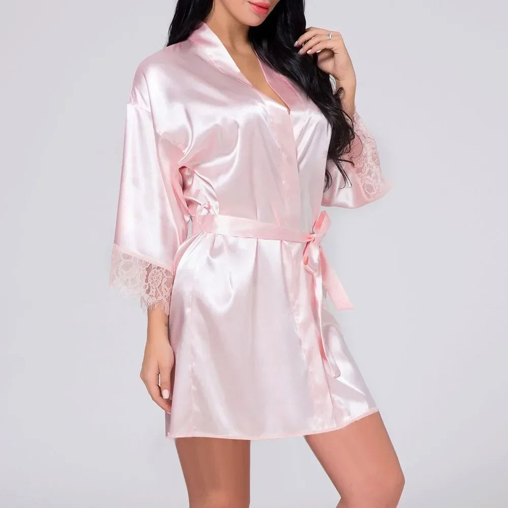 Fabric Women Sleepwear Pajamas High Quality Practical Women Sleepwear Belt Bride Dressing Kimono Lace Ladies Fashion