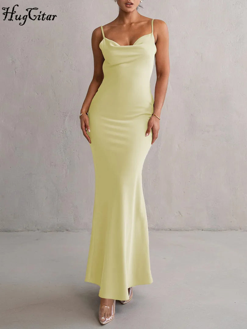 Hugcitar Elegant Satin Solid Slips Backless Tie Flowers Draped Sexy Slim Maxi Dress Spring Women Y2K Clothes Birthday Vacation