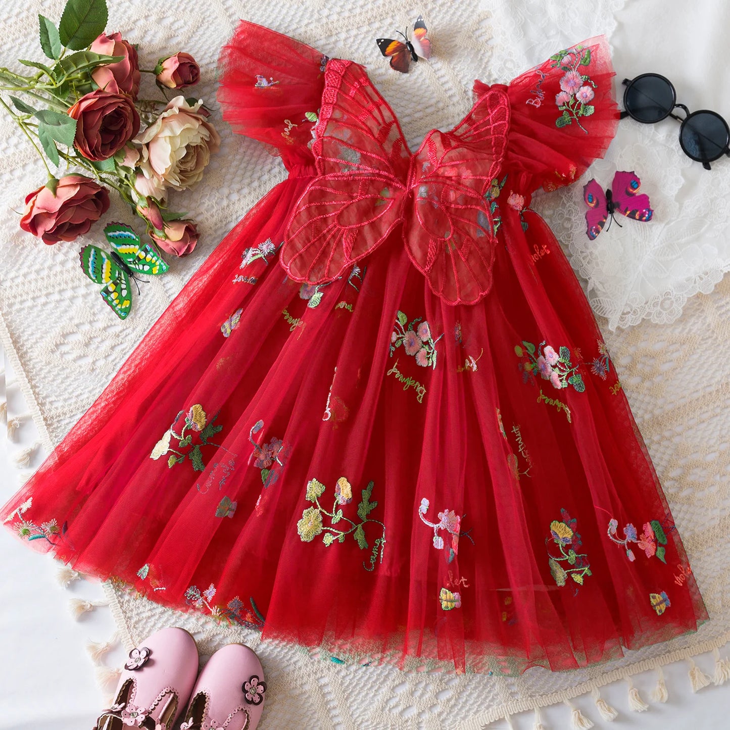 Baby Girls Dresses Princess Birthday Party Sweet Baby Girls Dresses Back Bow Wings Fairy Strap Embroidered Butterfly Mesh Dress