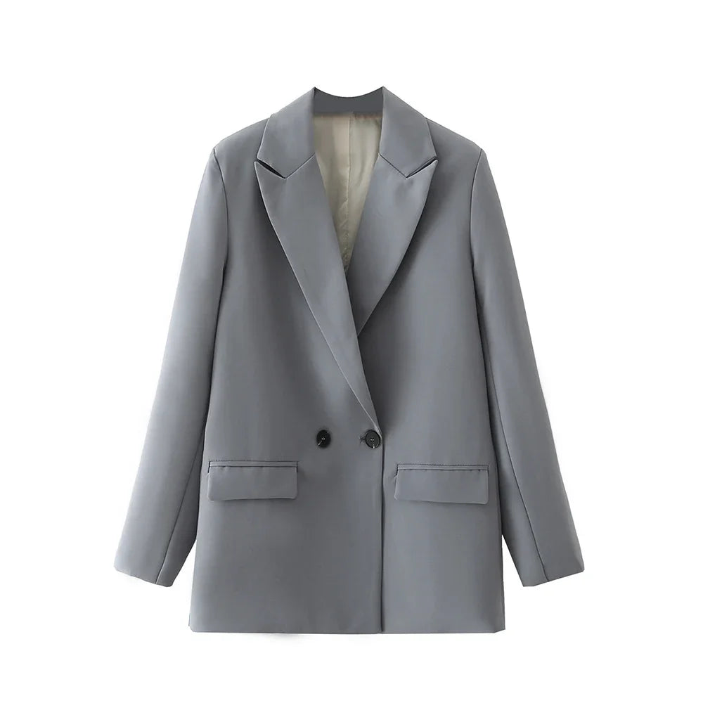 Women Black Blazer 2025 Fashion Office Wear Double Breasted Blazer Coat Vintage Long Sleeve Pockets Female Outerwear Chic Tops