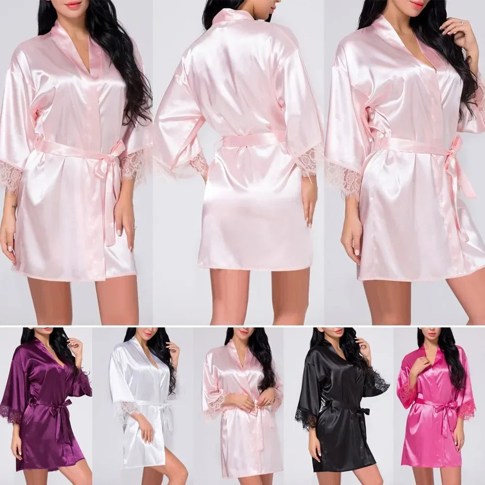 Fabric Women Sleepwear Pajamas High Quality Practical Women Sleepwear Belt Bride Dressing Kimono Lace Ladies Fashion