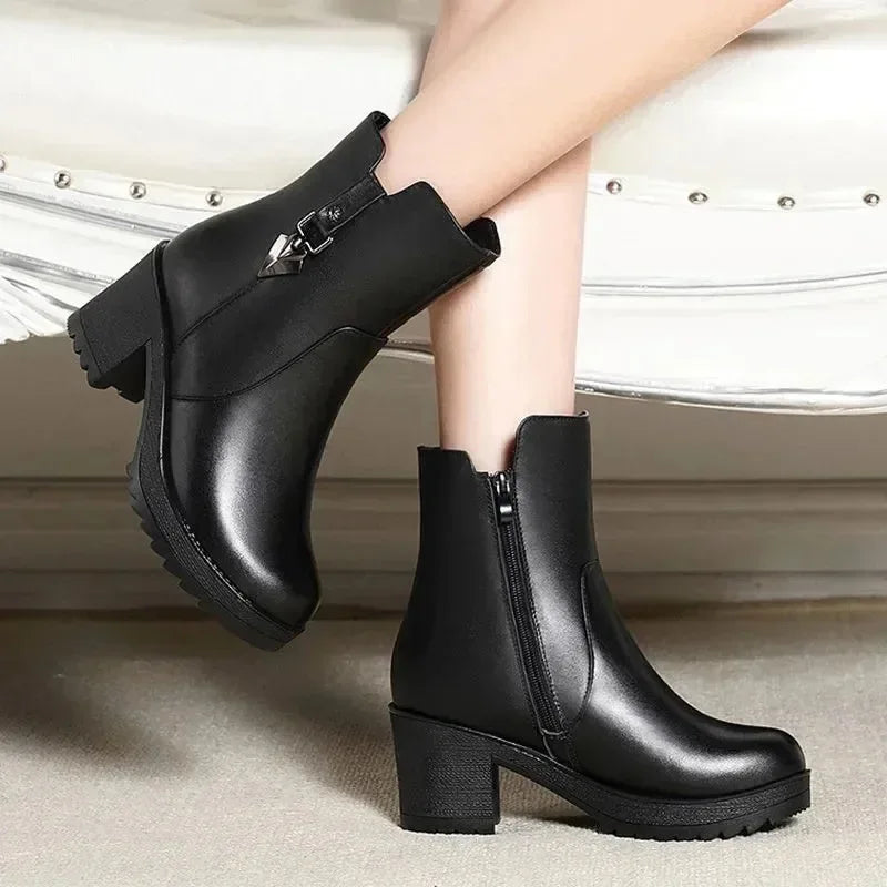 2025New Winter Women's Boots Luxury Casual Leather Boot Fashion High Heel Ankle Boots for Women Plush Warm Snow Boot Botas Mujer