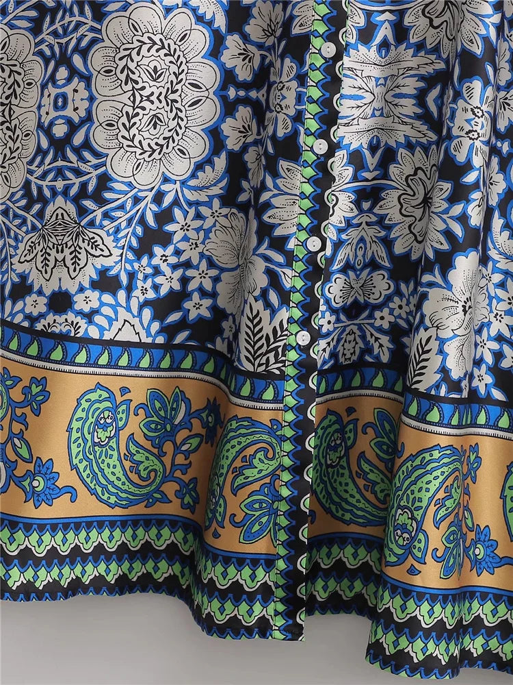 Woman Casual Blue Long Print Shirt Dresses 2025 Spring Female High Waisted Sashes Dress Ladies Long Sleeve Button Dresses