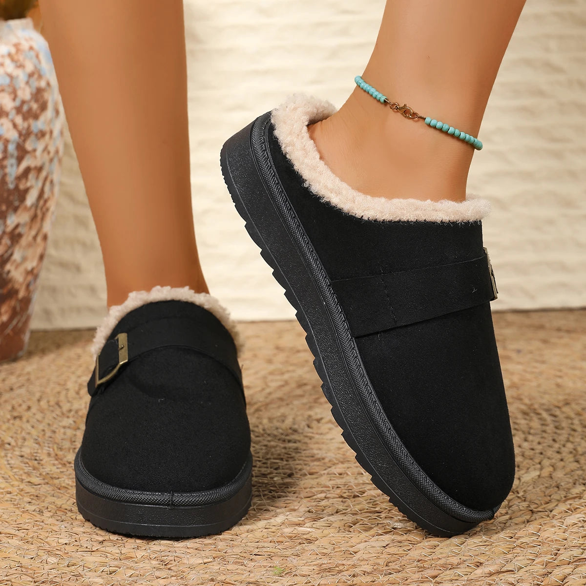 Snow Boots for Women 2025 Winter New Cashmere Warm Thick Soles Without Heel-covered Hair Half Slipper Cotton Shoes for Women