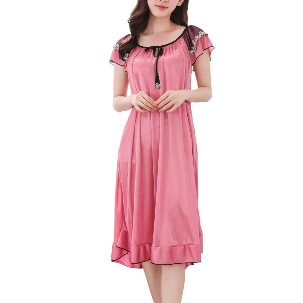 Sleeping Dress for Women Night Gowns Sleepwear Lace Long Sleeping Dress Casual Satin Ruffle Hem Summer Nightdress Pajama Dress