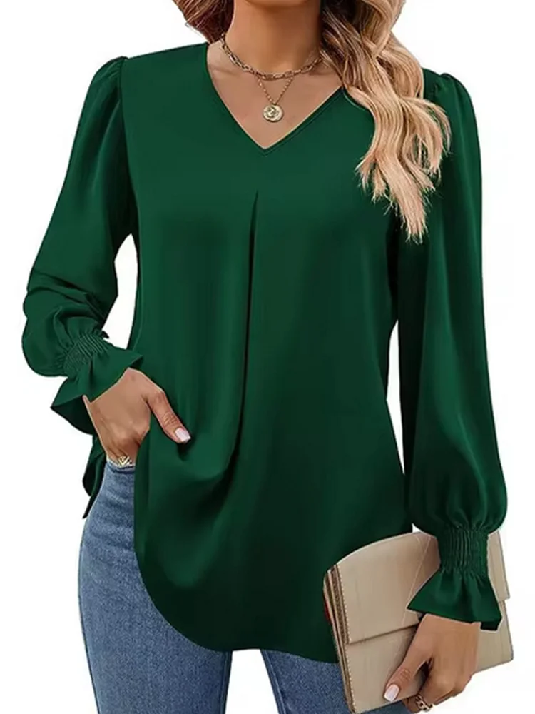 Women's Simple Solid Color V-neck Long Sleeve Top Lady Fashionable T-shirt Elegant Autumn Work Clothes