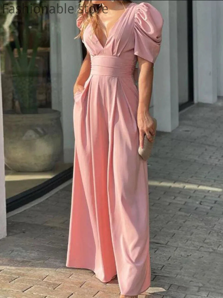Women Elegant Solid Color High Waist Wide Leg Jumpsuit