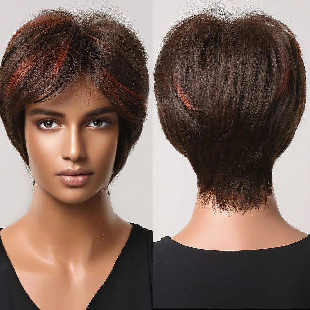 Short Pixie Cut Synthetic Wigs For Women Brown Mixed Blonde Wigs With Bangs Natural Looking Daily Use Hair Heat Resistant Fiber