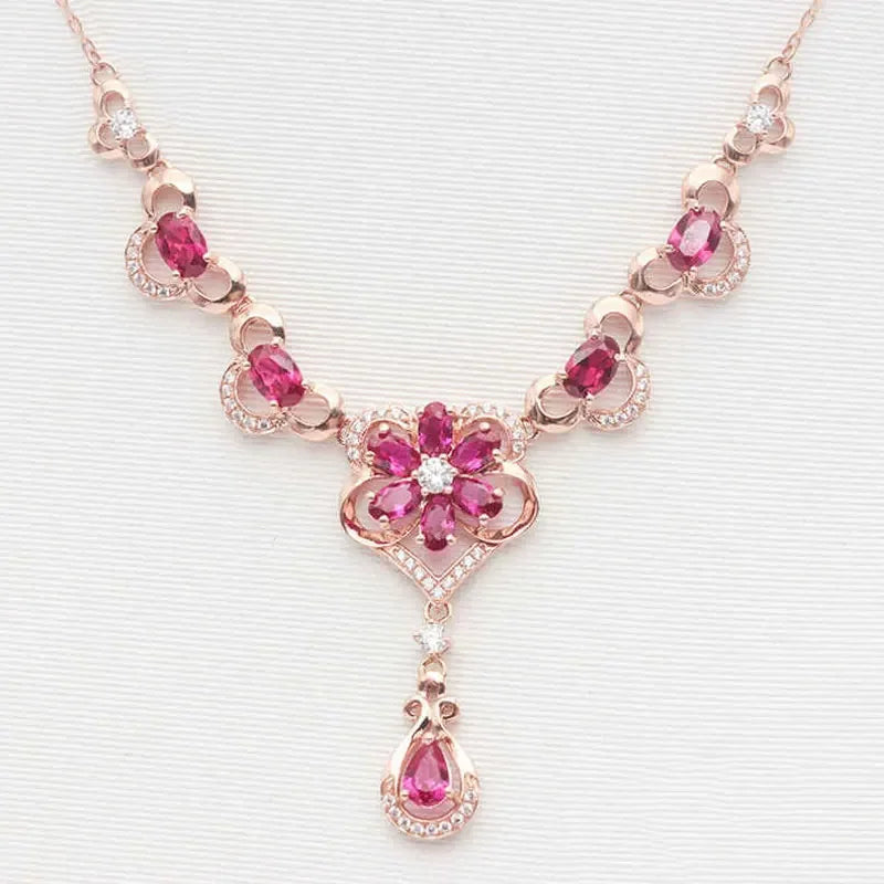 Luxury Rose Golden Elegant Flower Ruby Necklace for Women Romantic Luxury Crystal Pendant Dinner wedding Jewelry
