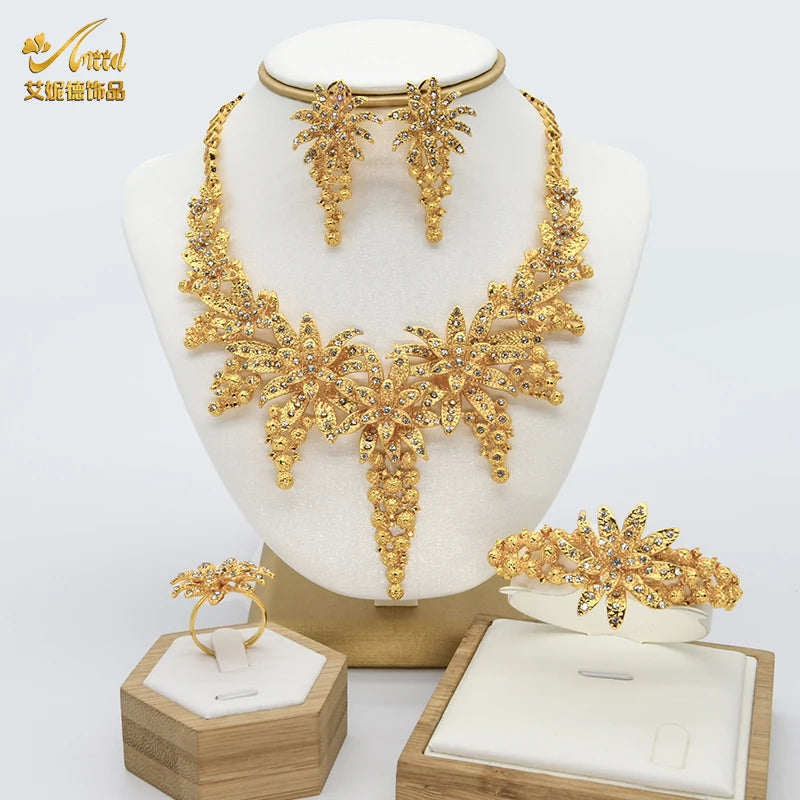 ANIID African Jewelery Sets Flower Earrings Choker Necklace Bracelet Hawaiian Indian Dubai Golden Jewelry For Women Accessories