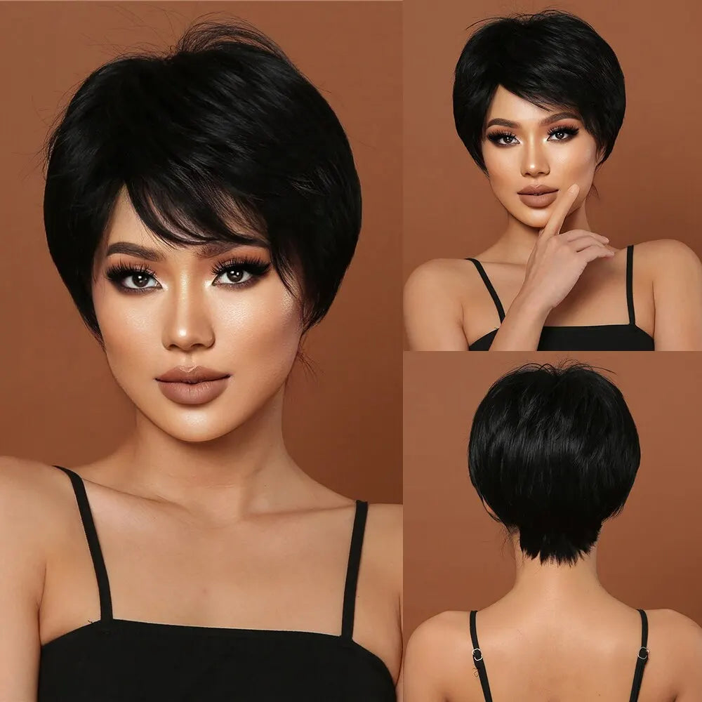 Short Pixie Cut Synthetic Wigs For Women Brown Mixed Blonde Wigs With Bangs Natural Looking Daily Use Hair Heat Resistant Fiber