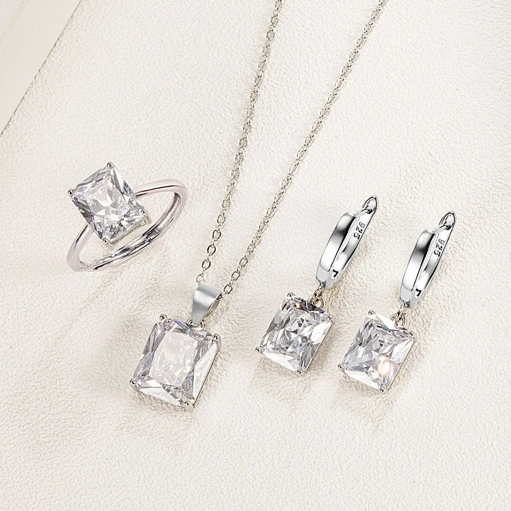 925 Sterling Silver Elegant Jewelry Sets Ring Earrings Necklace For Women Rectangle Geometry Zircon Wedding Accessories