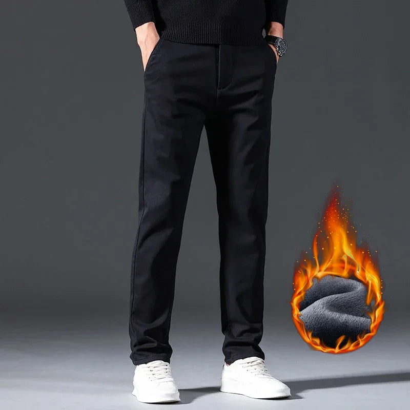 Winter Mens Clothing Warm Casual Pants 98% Cotton Fleece Straight Business Thicken Men Pants Stretch Classic Velvet Trousers