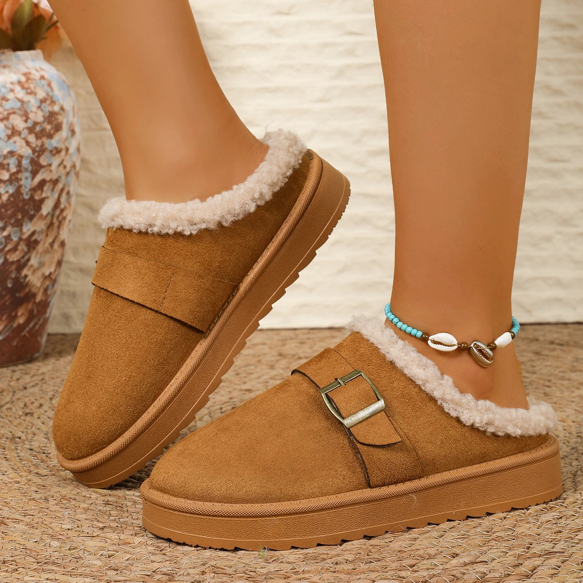 Snow Boots for Women 2025 Winter New Cashmere Warm Thick Soles Without Heel-covered Hair Half Slipper Cotton Shoes for Women