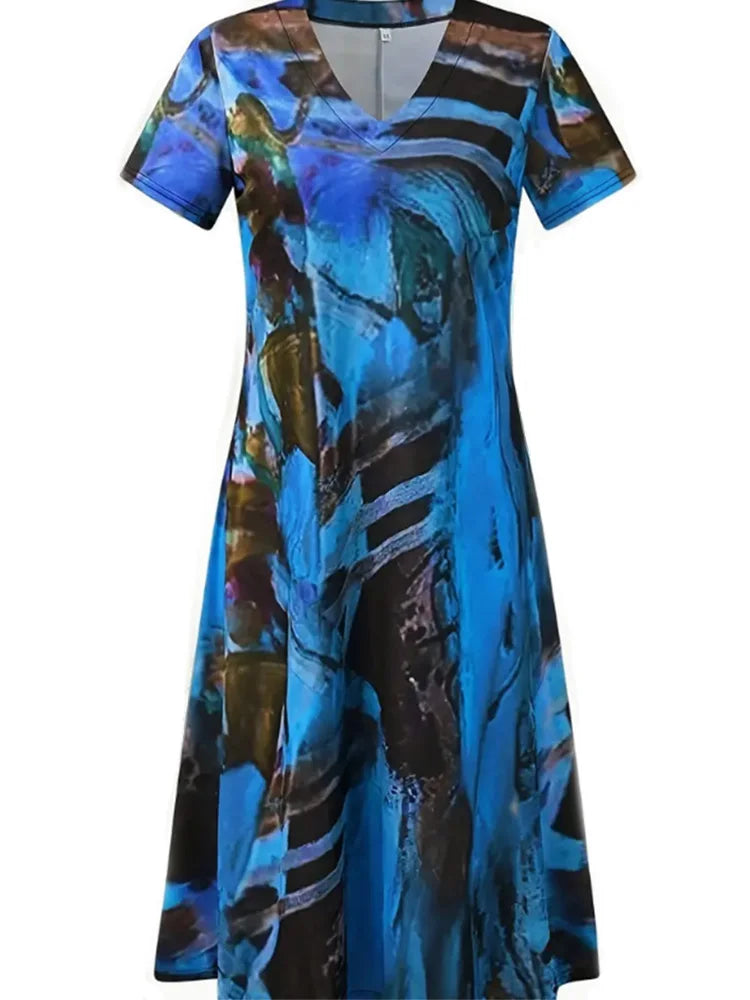Plus Size 2024 Summer New Women's V-neck Short Sleeve Irregular Pattern Printed Casual Loose Summer Best Choice