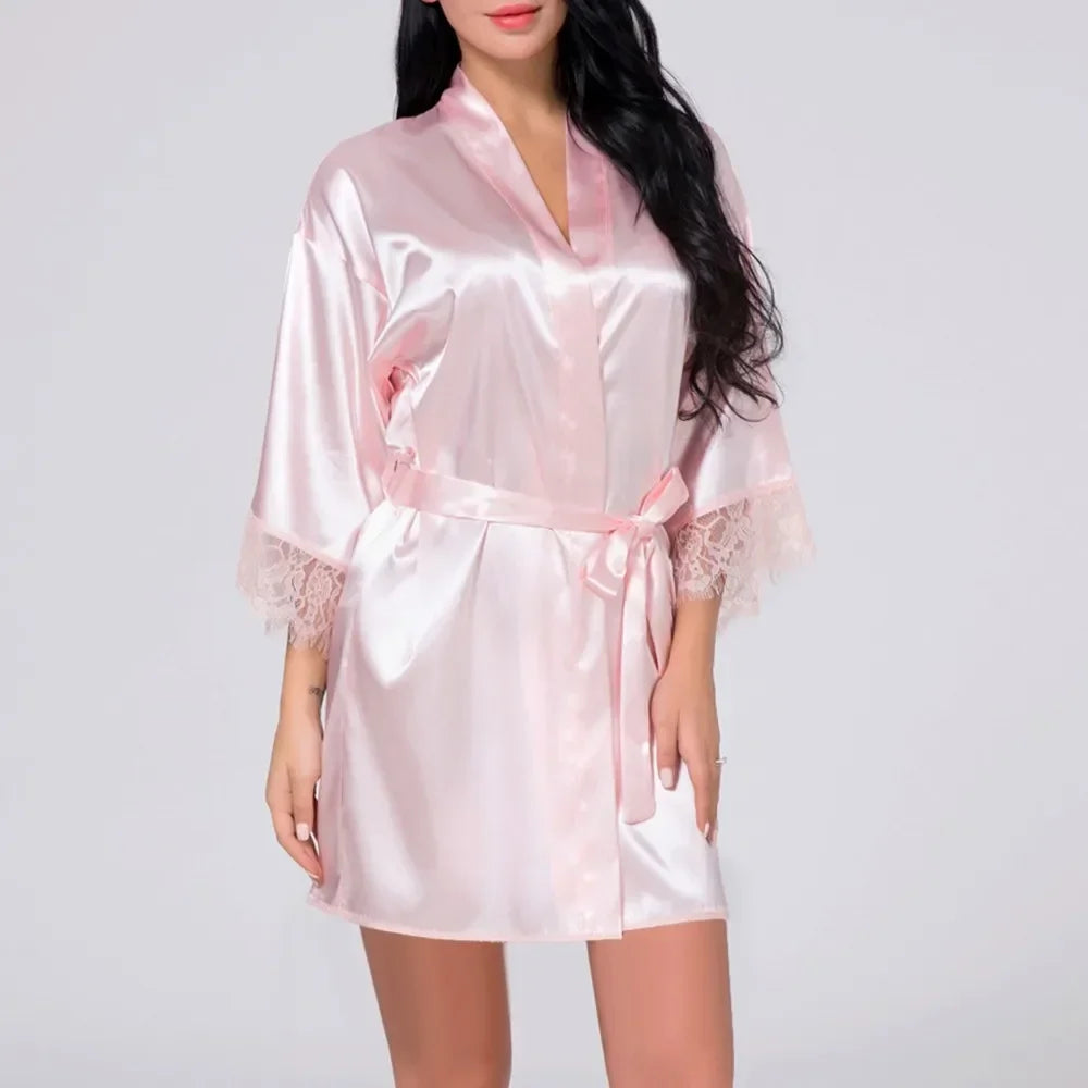 Fabric Women Sleepwear Pajamas High Quality Practical Women Sleepwear Belt Bride Dressing Kimono Lace Ladies Fashion